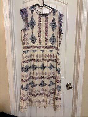 LOFT Cream Midi Dress with Blue and Red Geometric Print